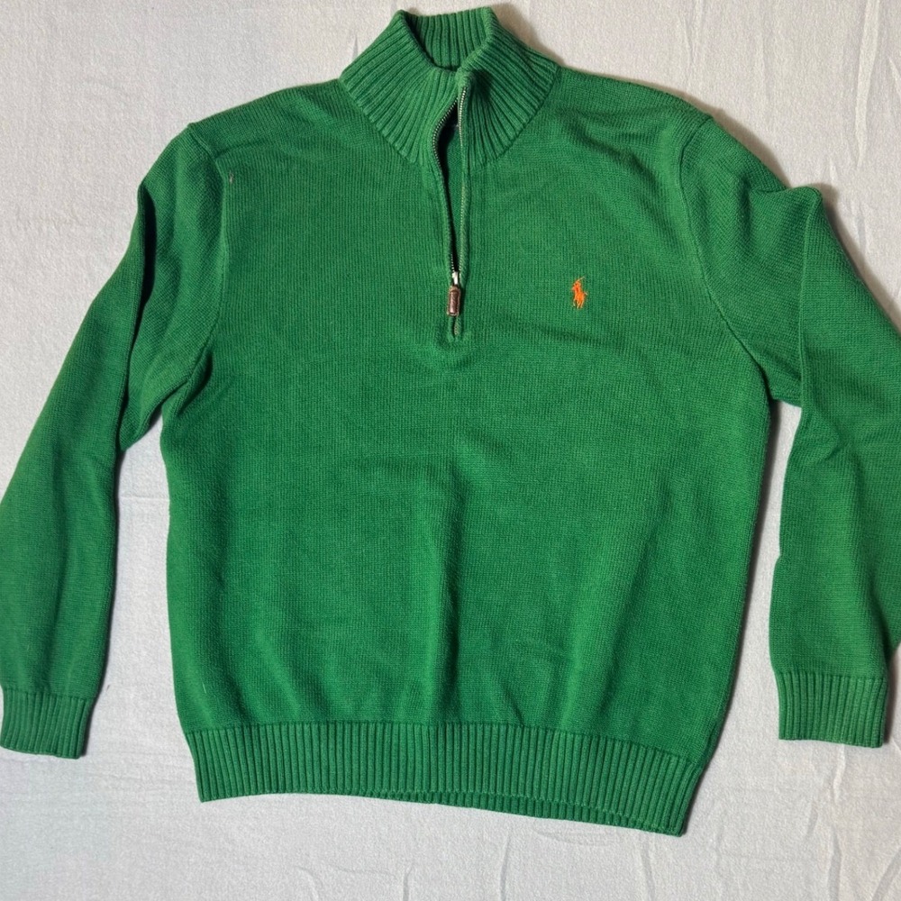 Polo Ralph Lauren Green Cotton 1/4 Zip Sweater Men's XL Orange Pony Logo